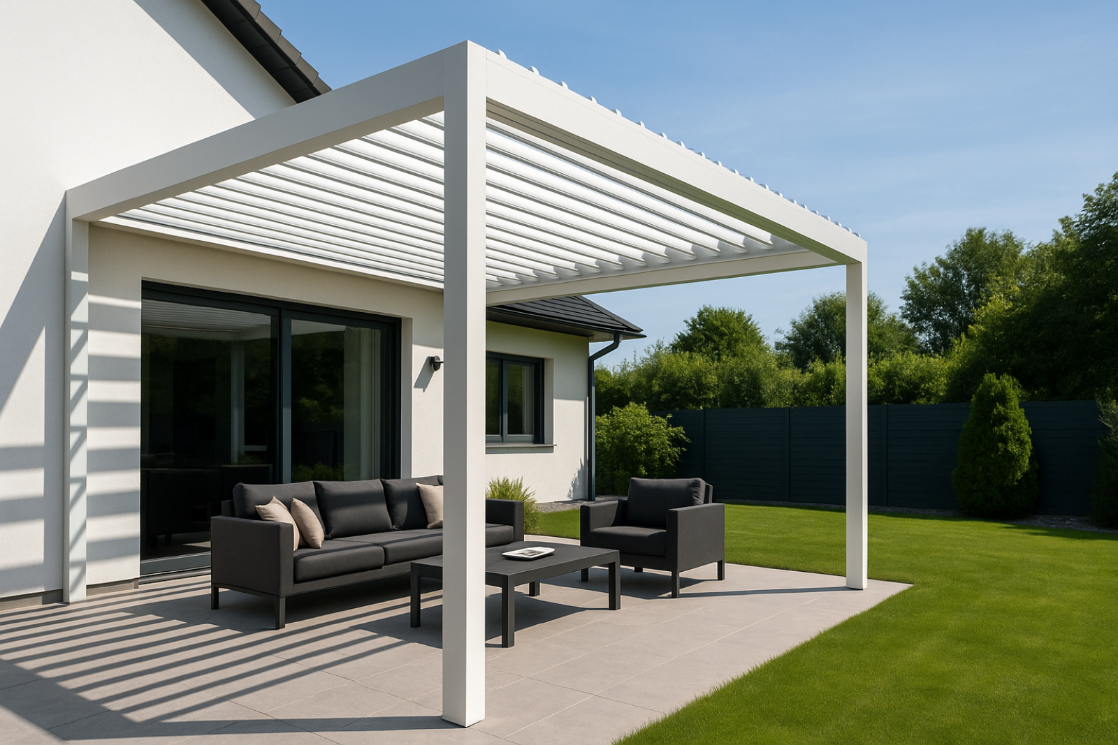 Pergola en alu bioclimatique 4 pieds blanc RAL 9016 adossée à la façade de la maison 