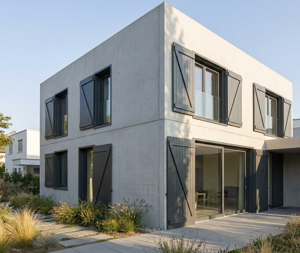 Volets battants isolants en forme de Z - RAL 7016 - pour la construction de villas à Marseille.