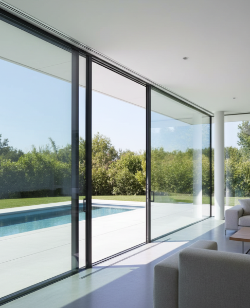 Baie vitrée coulissante grande dimension, menuiserie aluminium haute performance, isolation phonique & thermique rigoureuse 13009 